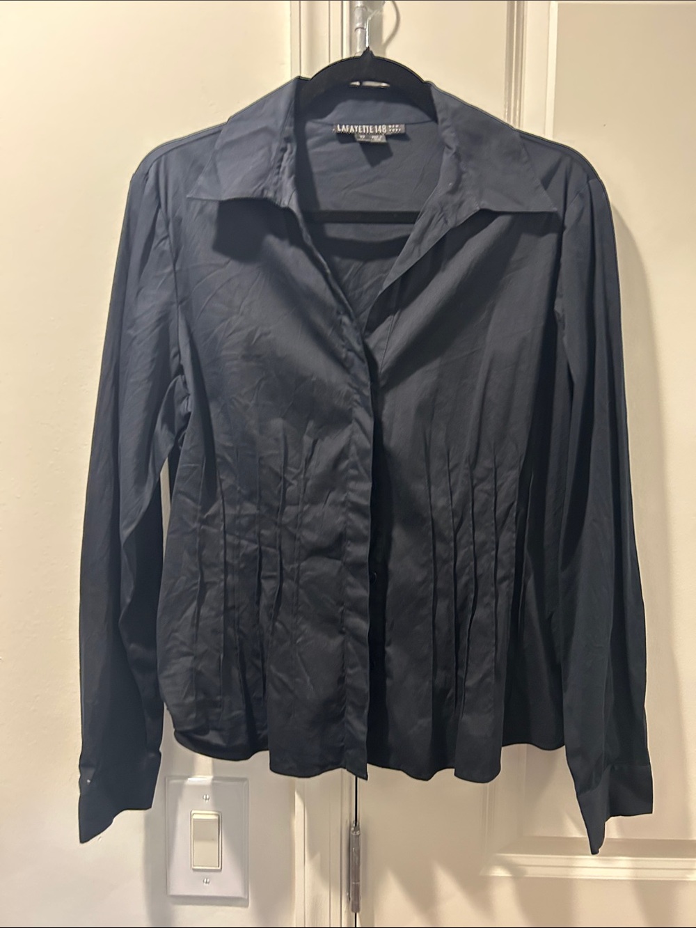 Lafayette 148 New York Dark Navy Pleated Front Button-Down Shirt
